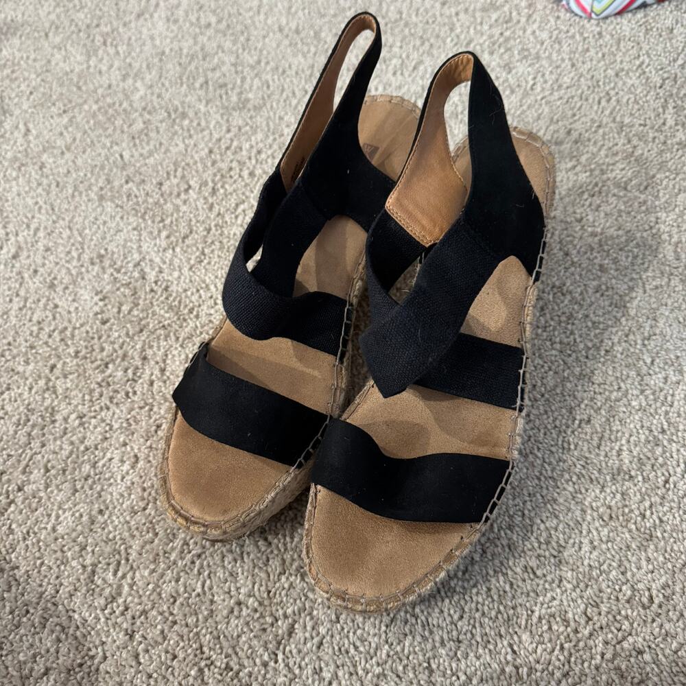 White Mountain Woven Raffia Pull On Wedge Sandals Size 9.5 Black Strappy Voyage